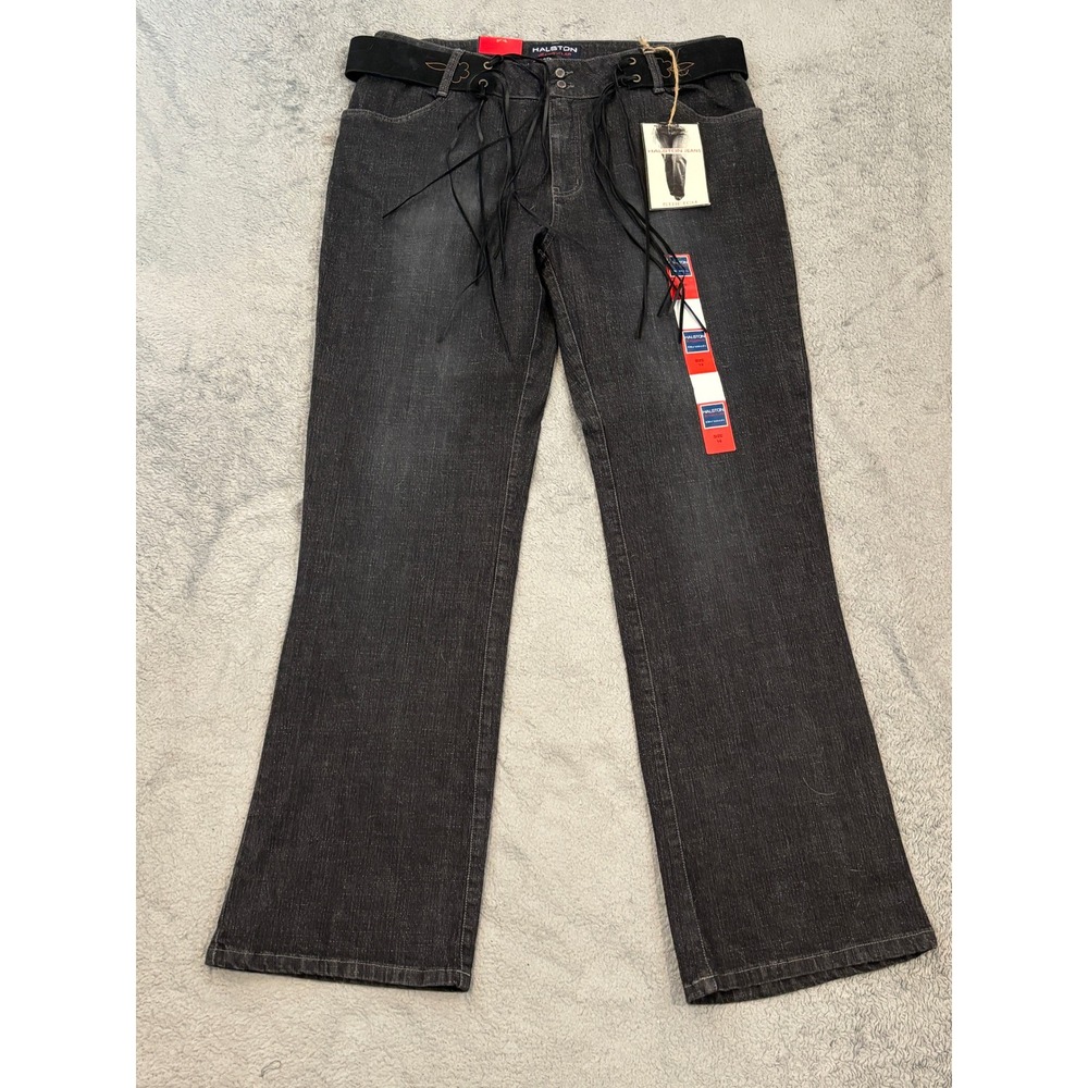 Halston Jeanswear Womens Size 14 Black Stretch Flare Jeans Lace Up Belted NWT